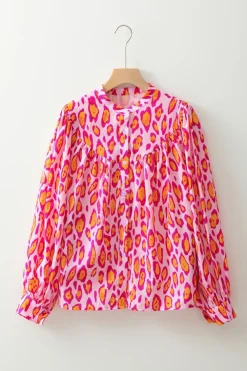 Sale Dear-Lover Oversized Leopard Print Balloon Sleeve Casual Shirt Rose Red