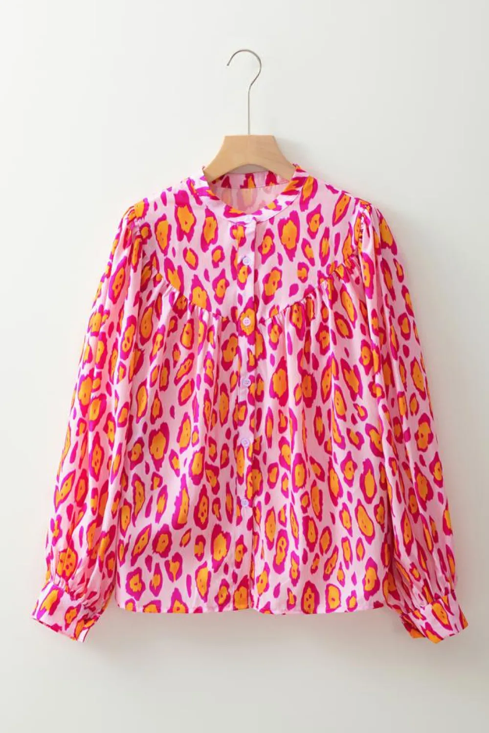 Sale Dear-Lover Oversized Leopard Print Balloon Sleeve Casual Shirt Rose Red