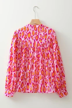 Sale Dear-Lover Oversized Leopard Print Balloon Sleeve Casual Shirt Rose Red