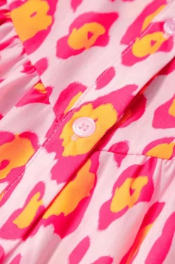 Sale Dear-Lover Oversized Leopard Print Balloon Sleeve Casual Shirt Rose Red
