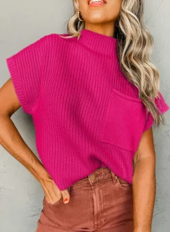 Best Dear-Lover Patch Pocket Ribbed Knit Short Sleeve Sweater Rose Red