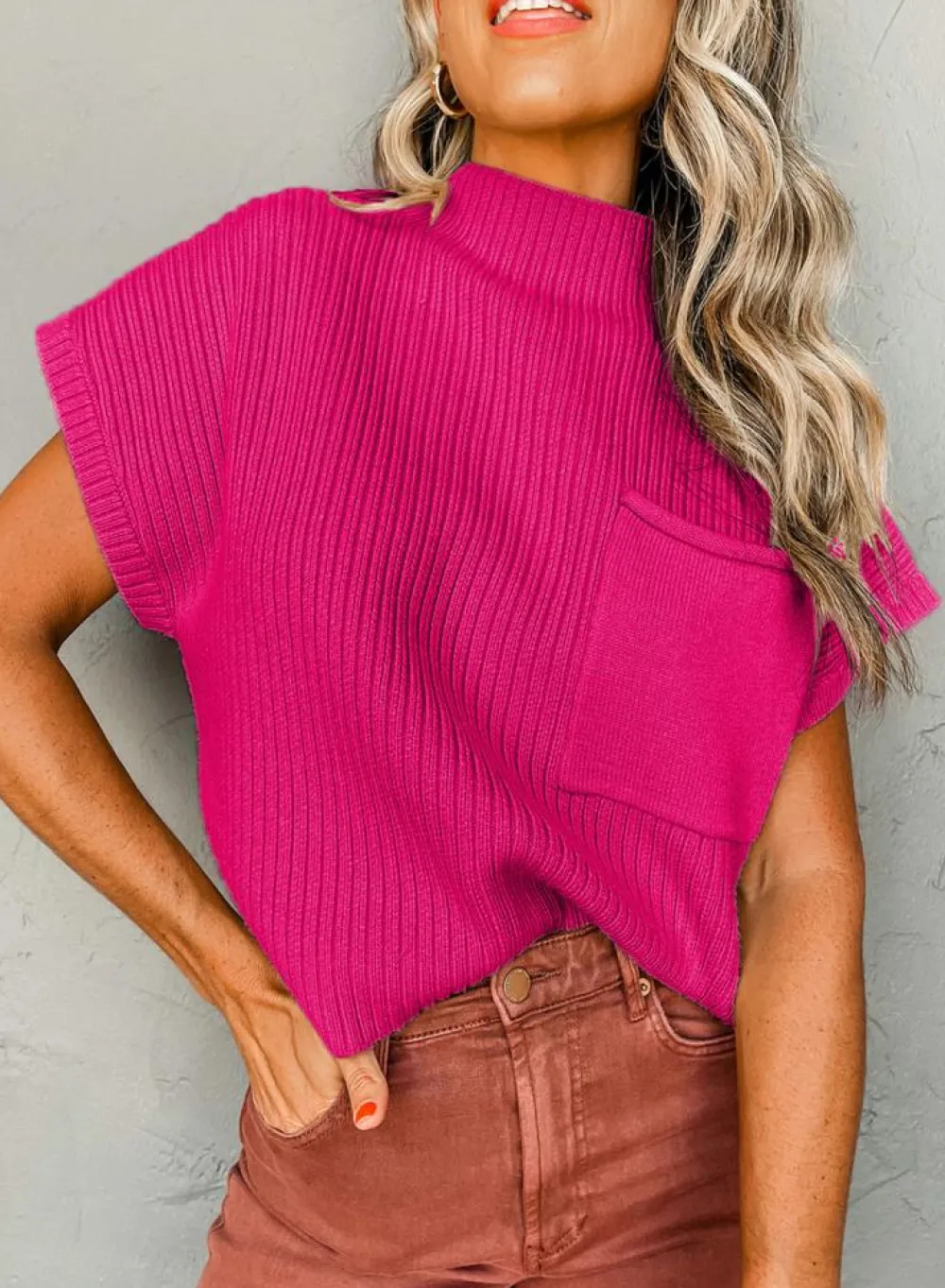 Best Dear-Lover Patch Pocket Ribbed Knit Short Sleeve Sweater Rose Red