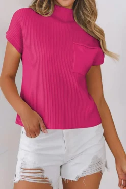 Best Dear-Lover Patch Pocket Ribbed Knit Short Sleeve Sweater Rose Red