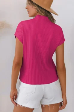 Best Dear-Lover Patch Pocket Ribbed Knit Short Sleeve Sweater Rose Red