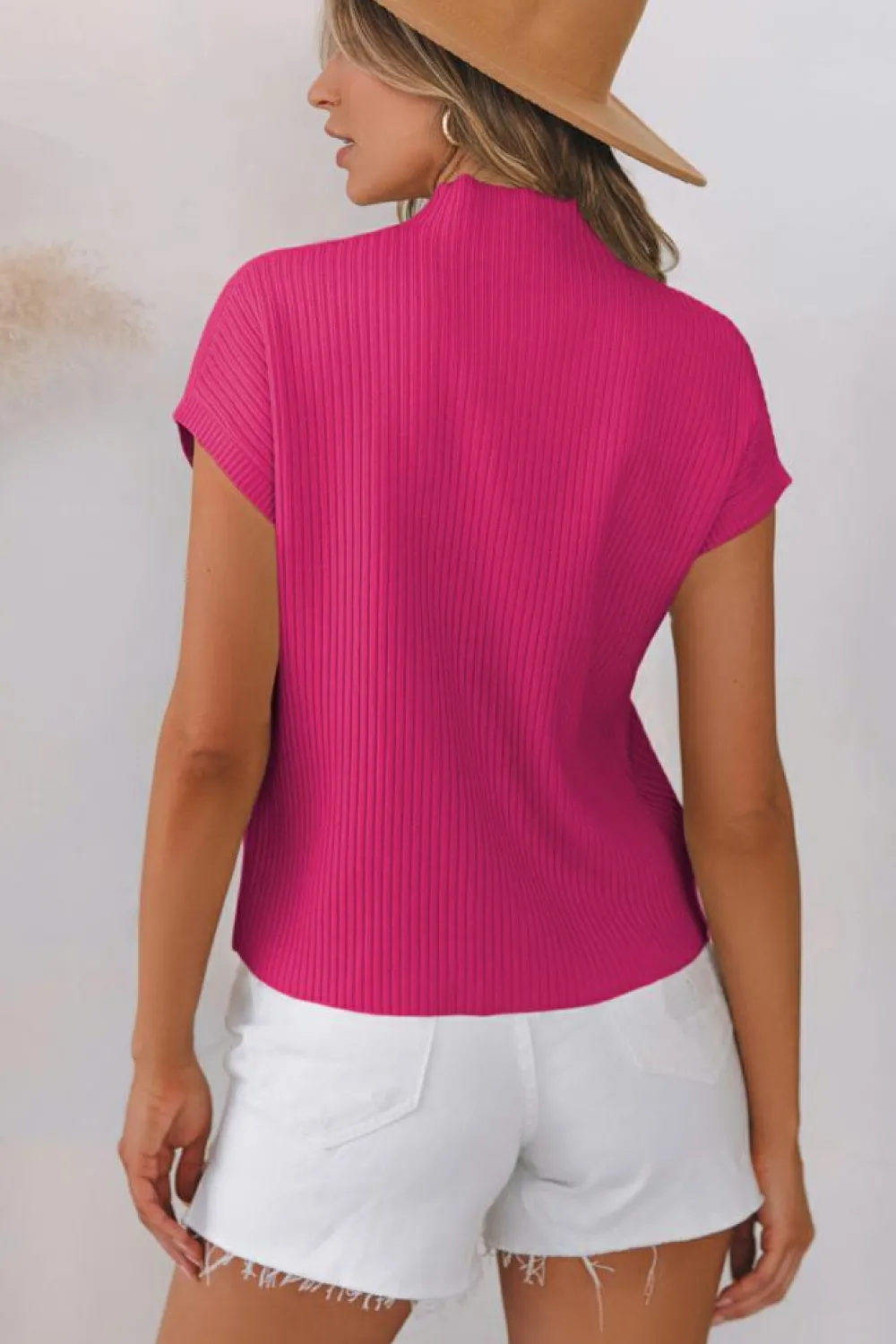 Best Dear-Lover Patch Pocket Ribbed Knit Short Sleeve Sweater Rose Red
