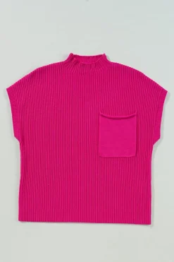 Best Dear-Lover Patch Pocket Ribbed Knit Short Sleeve Sweater Rose Red