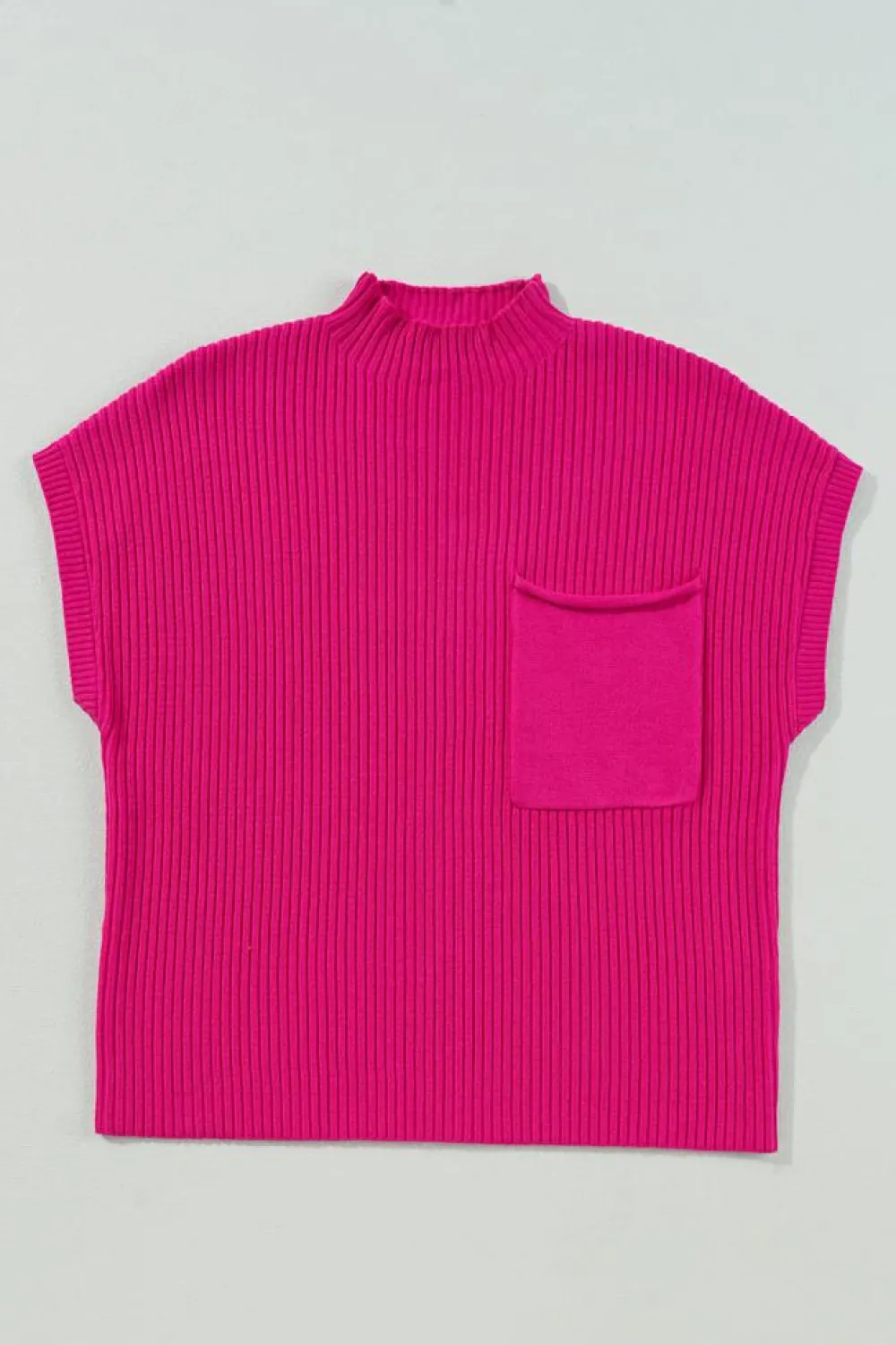 Best Dear-Lover Patch Pocket Ribbed Knit Short Sleeve Sweater Rose Red