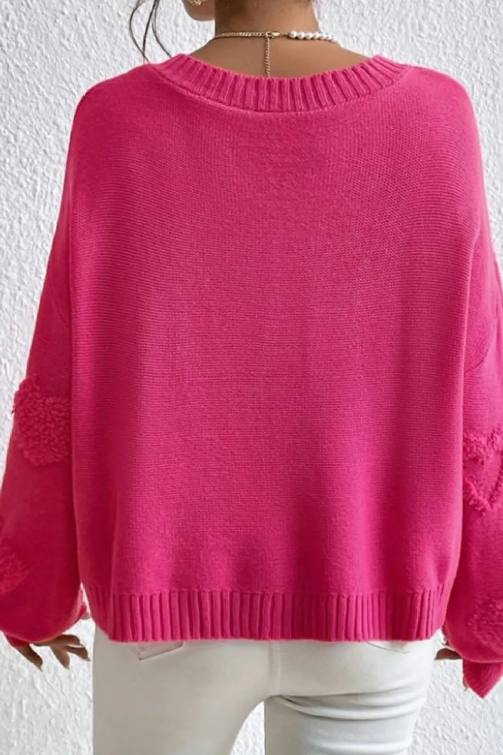 Discount Dear-Lover Pearl Embellished Fuzzy Hearts V Neck Sweater Rose Red