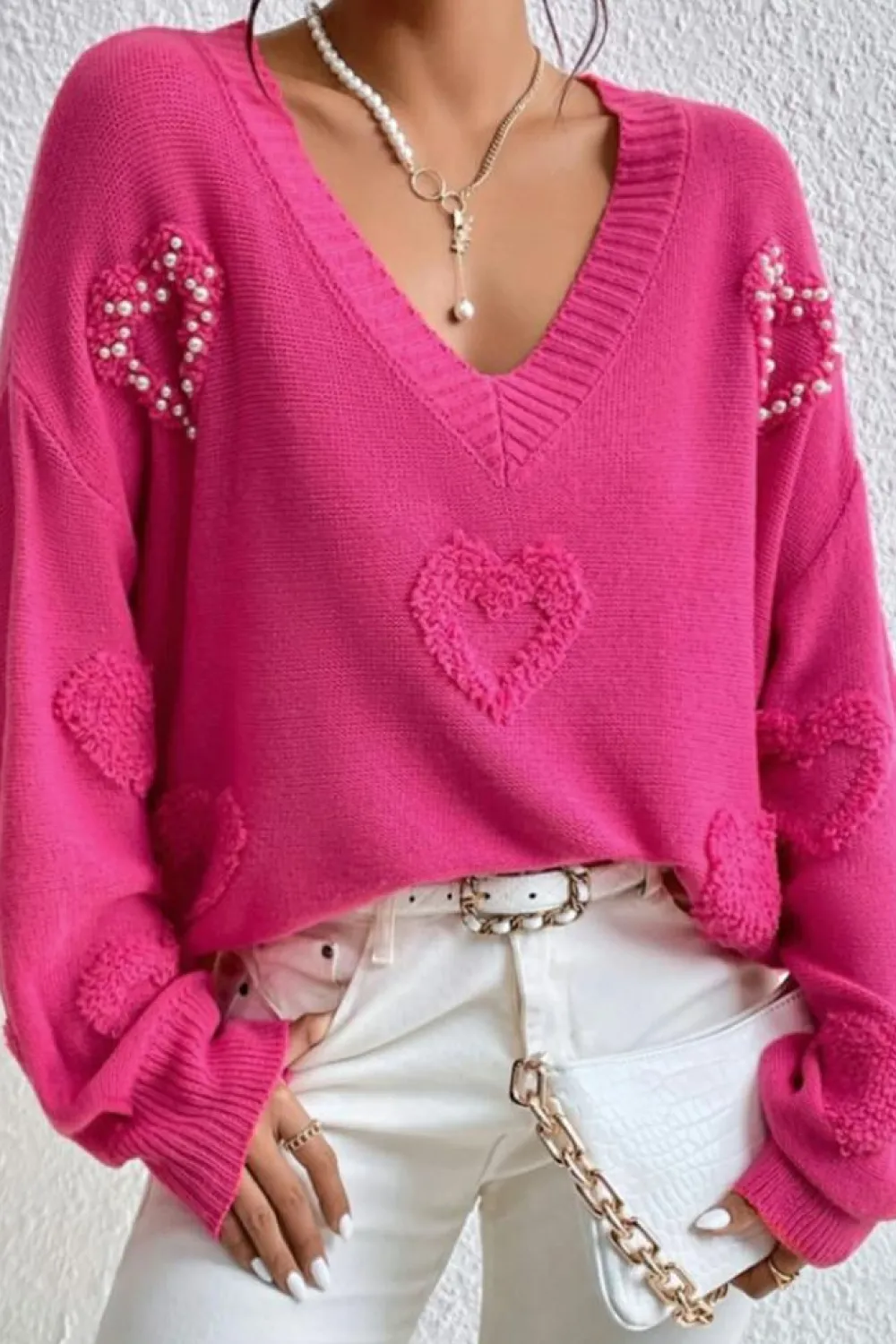 Discount Dear-Lover Pearl Embellished Fuzzy Hearts V Neck Sweater Rose Red