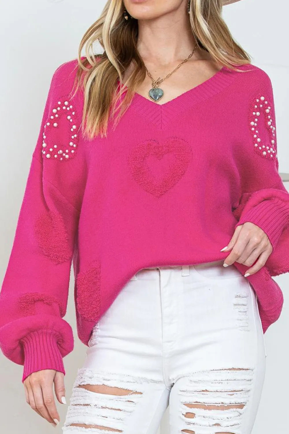 Discount Dear-Lover Pearl Embellished Fuzzy Hearts V Neck Sweater Rose Red