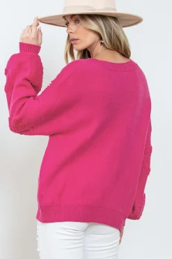 Discount Dear-Lover Pearl Embellished Fuzzy Hearts V Neck Sweater Rose Red