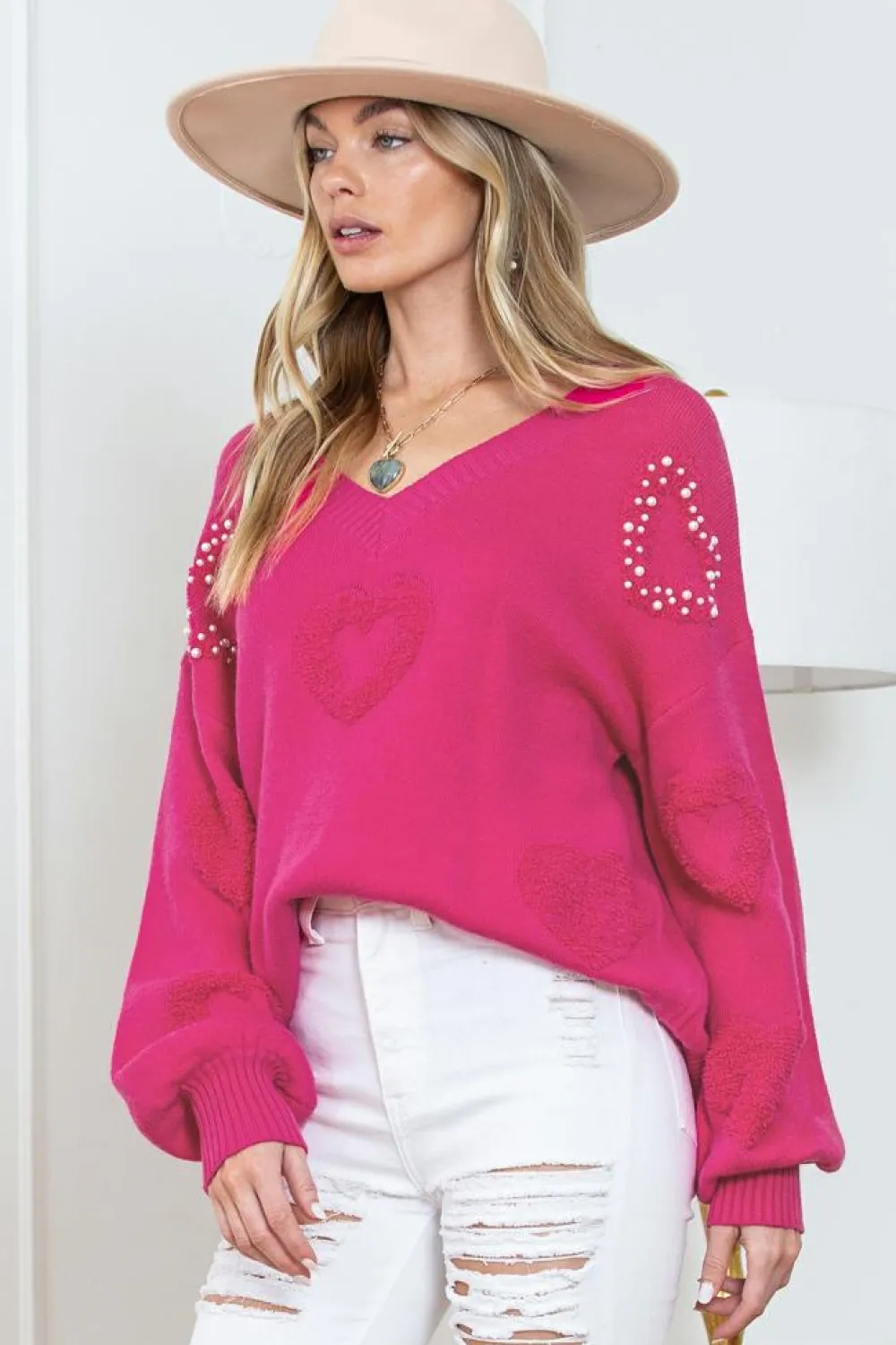 Discount Dear-Lover Pearl Embellished Fuzzy Hearts V Neck Sweater Rose Red