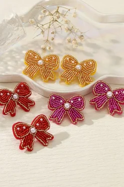 Hot Dear-Lover Pearl Rice Bead Bow Knot Shape Stud Earrings Rose Red