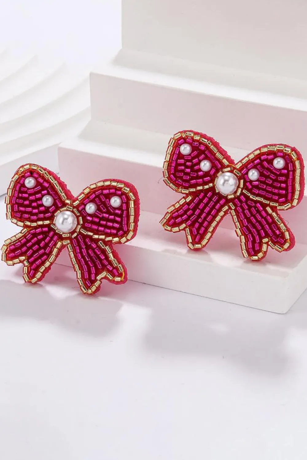 Hot Dear-Lover Pearl Rice Bead Bow Knot Shape Stud Earrings Rose Red