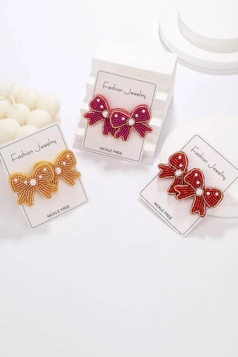 Hot Dear-Lover Pearl Rice Bead Bow Knot Shape Stud Earrings Rose Red