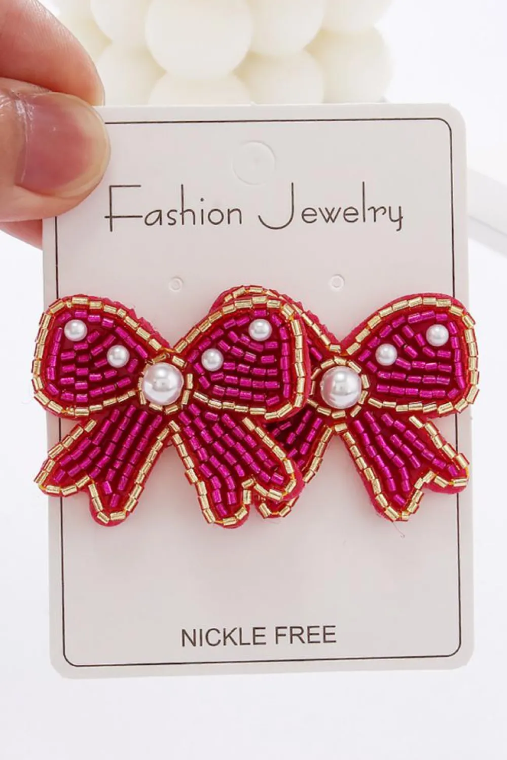 Hot Dear-Lover Pearl Rice Bead Bow Knot Shape Stud Earrings Rose Red