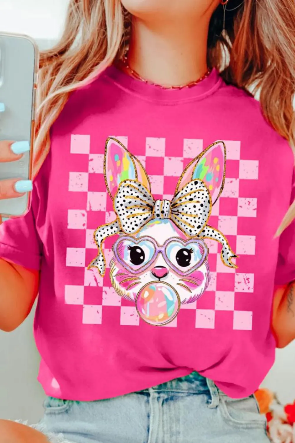 Sale Dear-Lover Plaid Bubble Gum Rabbit Graphic Eater T Shirt Rose Red