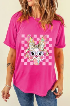 Sale Dear-Lover Plaid Bubble Gum Rabbit Graphic Eater T Shirt Rose Red