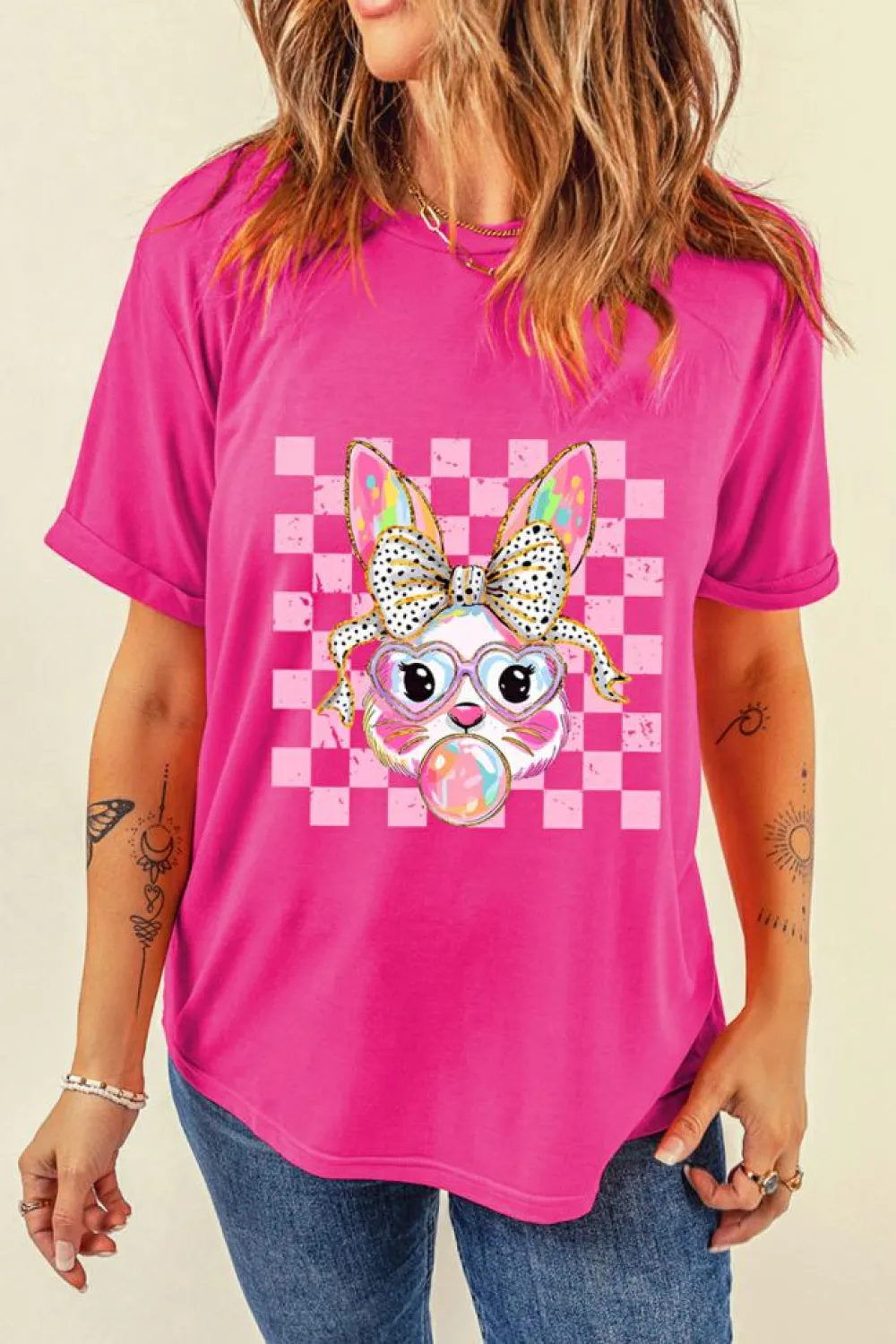 Sale Dear-Lover Plaid Bubble Gum Rabbit Graphic Eater T Shirt Rose Red