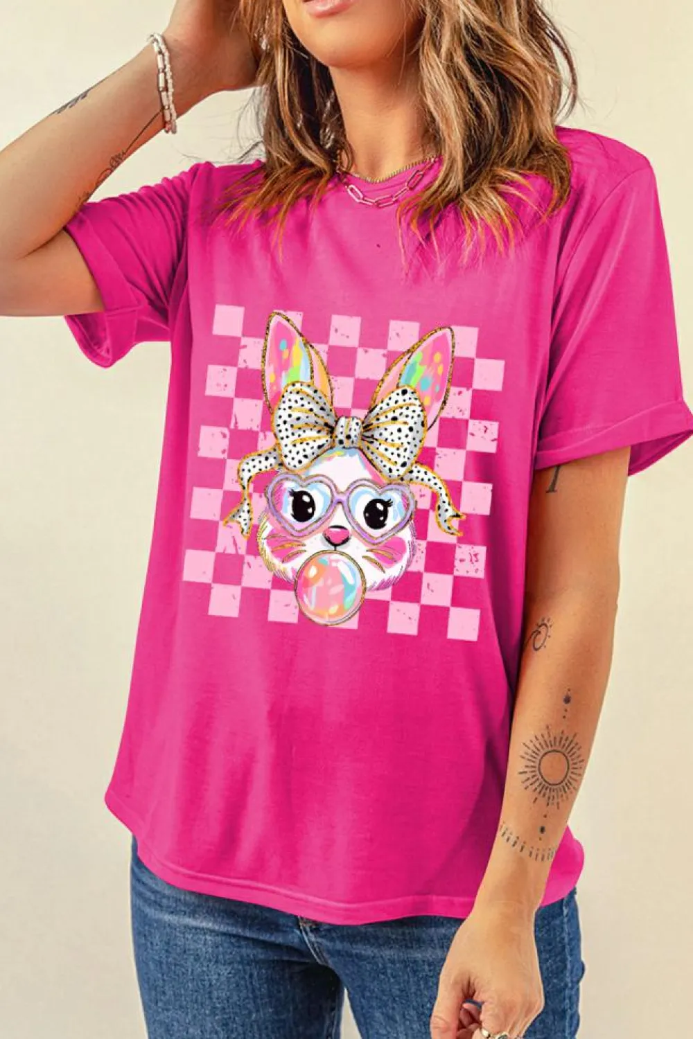 Sale Dear-Lover Plaid Bubble Gum Rabbit Graphic Eater T Shirt Rose Red