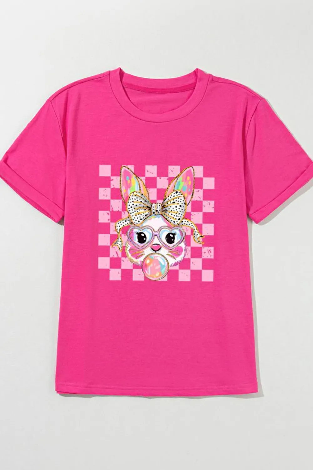 Sale Dear-Lover Plaid Bubble Gum Rabbit Graphic Eater T Shirt Rose Red