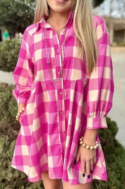 Discount Dear-Lover Plaid Collared Bracelet Sleeve Shirt Flare Mini Dress Rose Red