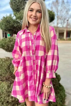 Discount Dear-Lover Plaid Collared Bracelet Sleeve Shirt Flare Mini Dress Rose Red