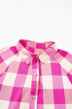 Discount Dear-Lover Plaid Collared Bracelet Sleeve Shirt Flare Mini Dress Rose Red