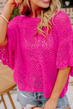 Fashion Dear-Lover Pointelle Knit Scallop Edge Short Sleeve Top Rose Red