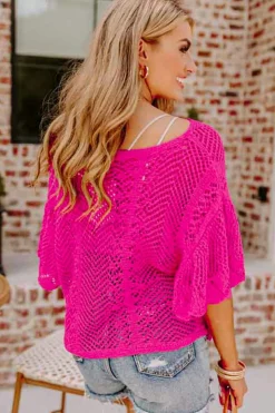Fashion Dear-Lover Pointelle Knit Scallop Edge Short Sleeve Top Rose Red