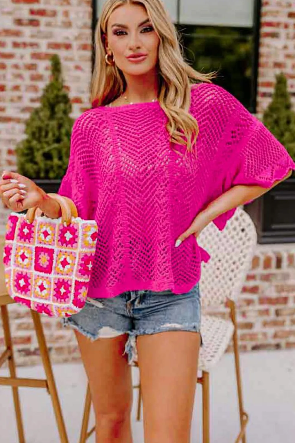 Fashion Dear-Lover Pointelle Knit Scallop Edge Short Sleeve Top Rose Red