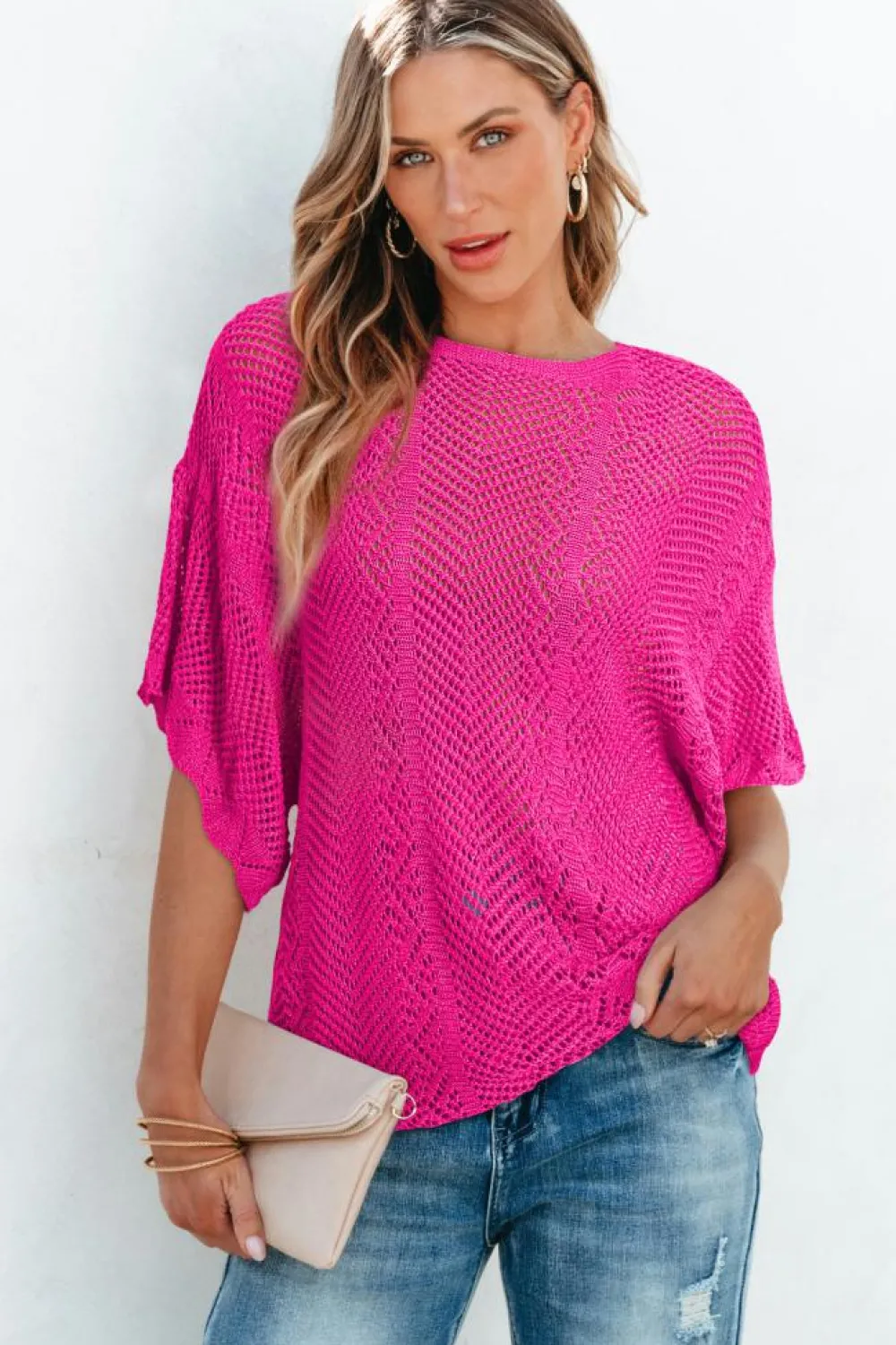 Fashion Dear-Lover Pointelle Knit Scallop Edge Short Sleeve Top Rose Red