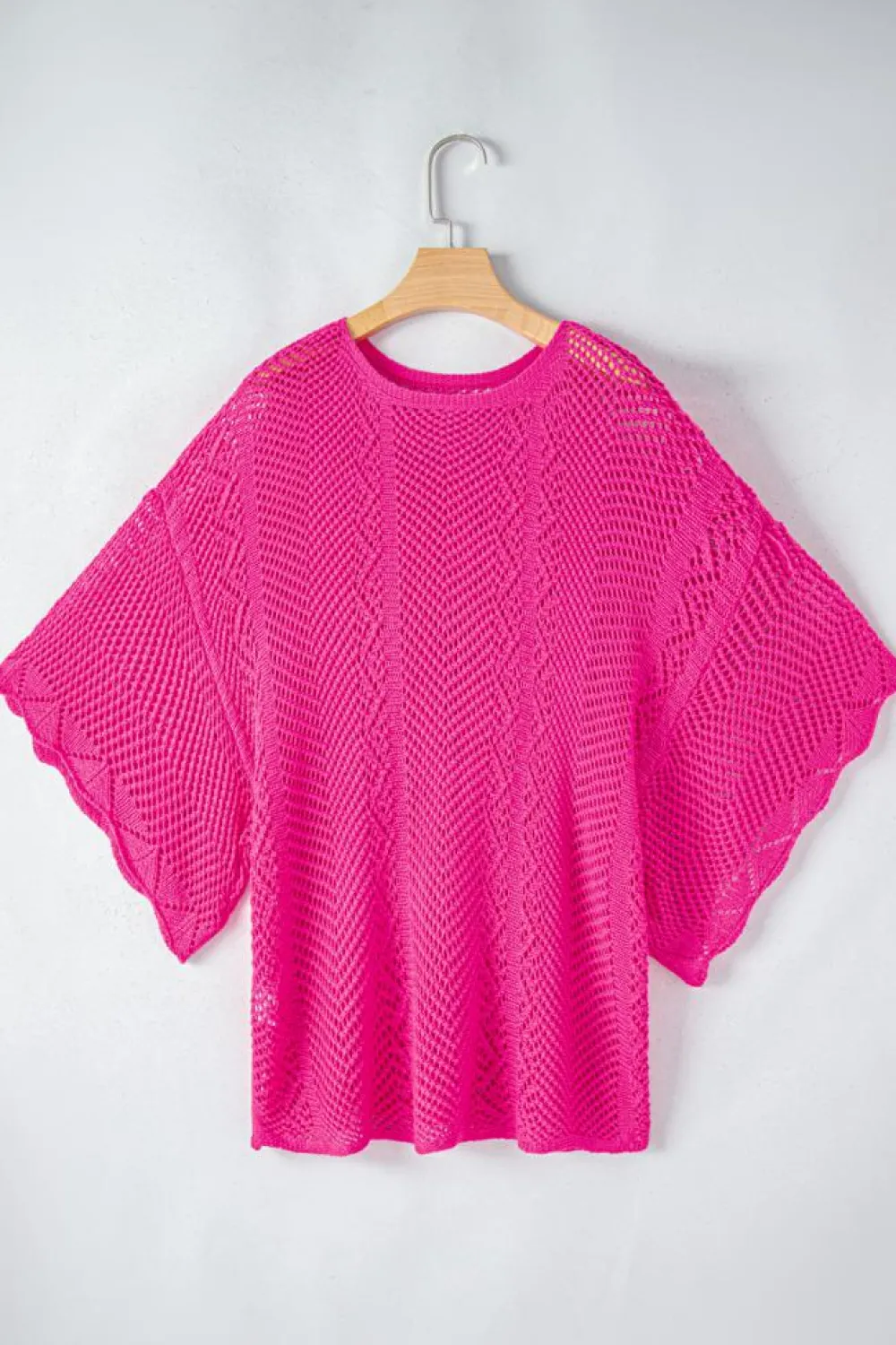 Fashion Dear-Lover Pointelle Knit Scallop Edge Short Sleeve Top Rose Red