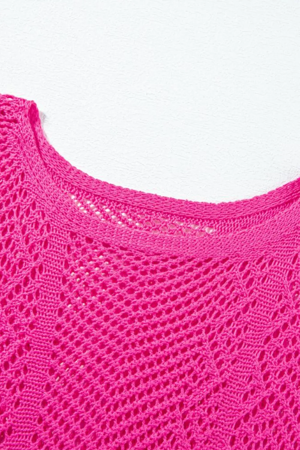 Fashion Dear-Lover Pointelle Knit Scallop Edge Short Sleeve Top Rose Red