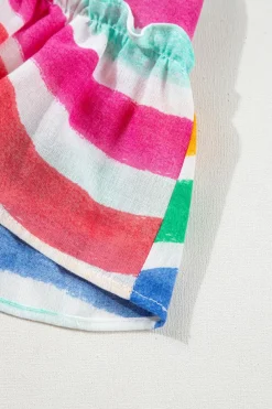 Outlet Dear-Lover Rainbow Stripes Ruffled Hem Drawstring V Neck Tank Top Rose Red