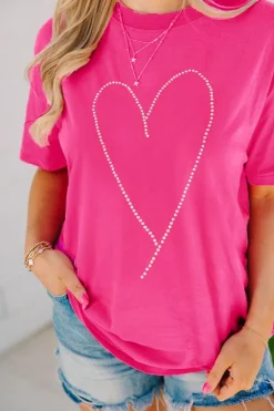 Hot Dear-Lover Rhinestone Heart Graphic Crew Neck Valentines Tee Rose Red