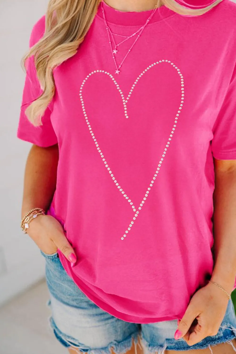 Hot Dear-Lover Rhinestone Heart Graphic Crew Neck Valentines Tee Rose Red