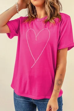 Hot Dear-Lover Rhinestone Heart Graphic Crew Neck Valentines Tee Rose Red