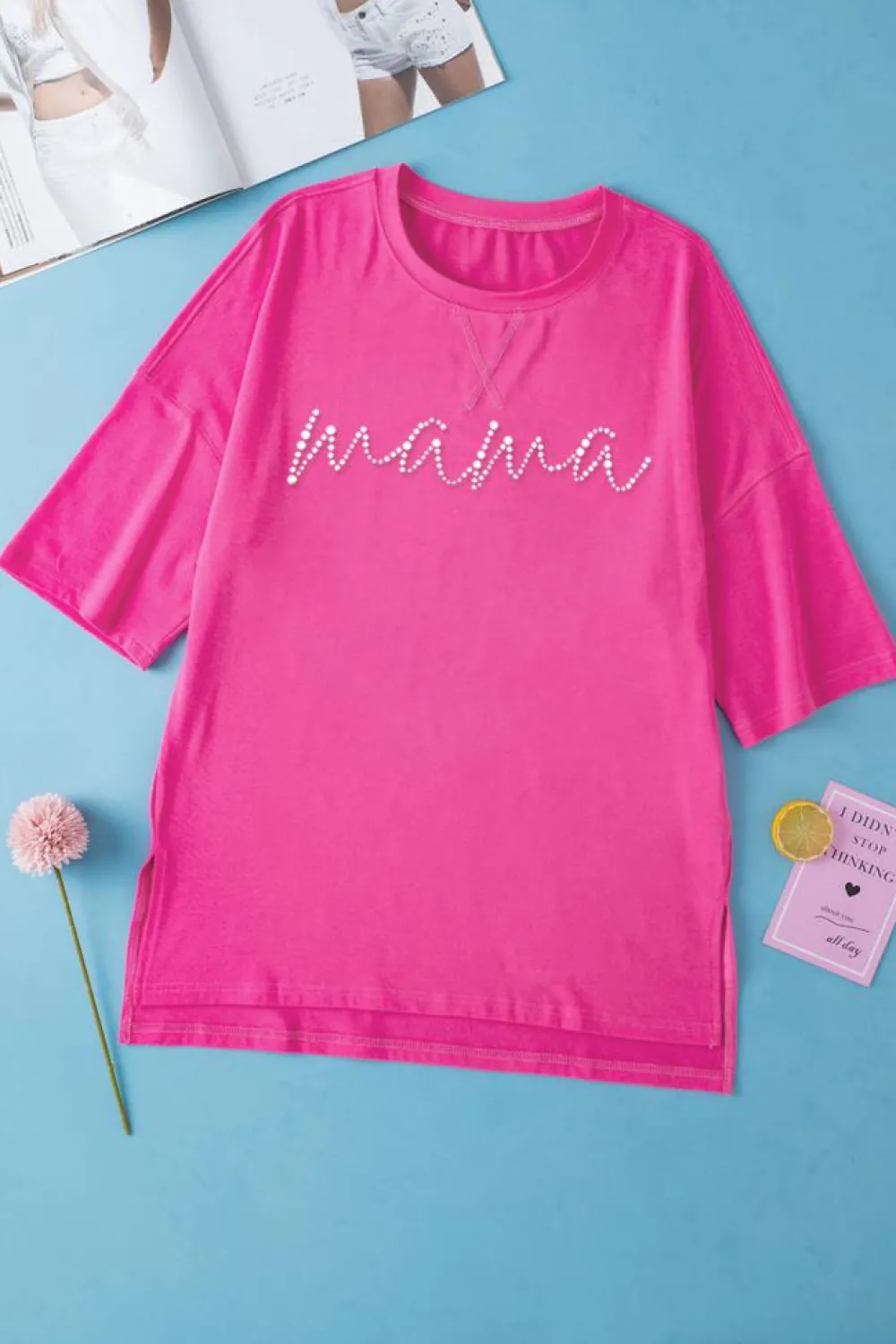Best Dear-Lover Rhinestoned MAMA Graphic Drop Shoulder Half Sleeve Tee Rose Red