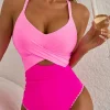 Best Dear-Lover Ric Rac Trim Contrasted Patchwork Cutout One Piece Swimsuit Rose Red