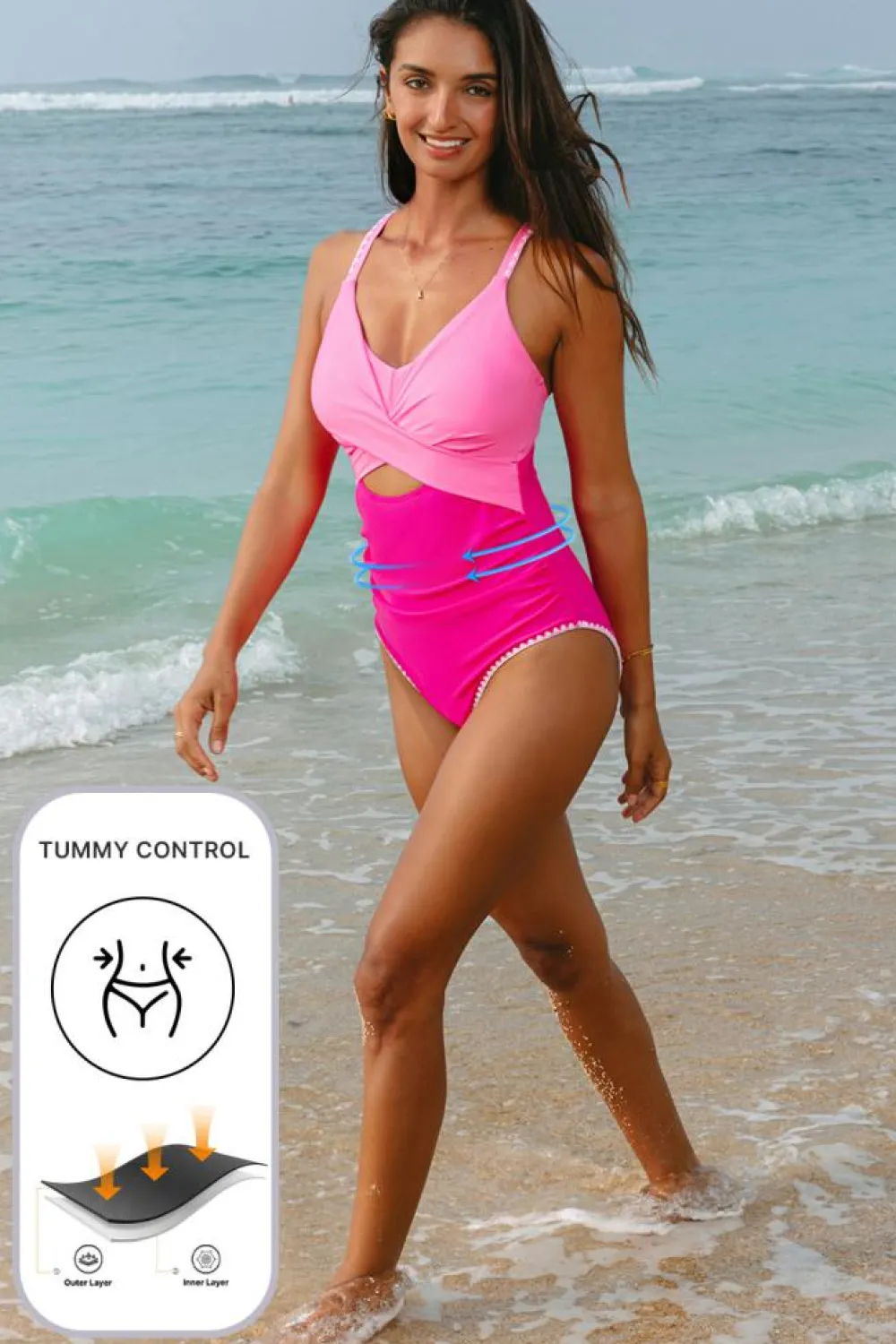 Best Dear-Lover Ric Rac Trim Contrasted Patchwork Cutout One Piece Swimsuit Rose Red