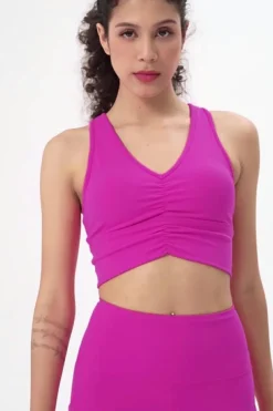 New Dear-Lover Ruched V Neck Active Cropped Tank Rose Red