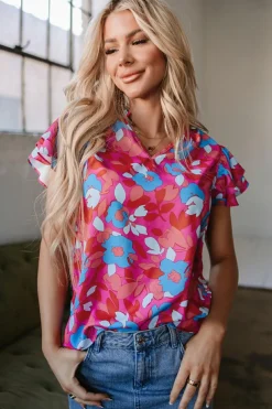 Best Dear-Lover Ruffled Sleeve Floral Blouse Rose Red