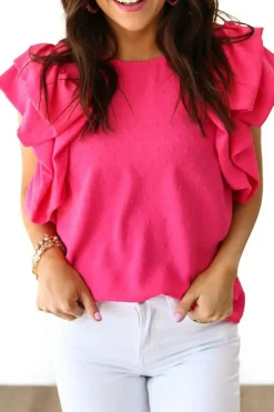 Online Dear-Lover Ruffled Sleeve Swiss Dot Blouse Rose Red