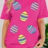 Online Dear-Lover Sequin Easter Egg Graphic Casual T Shirt Rose Red