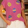 Best Dear-Lover Sequin Easter Egg Patched Graphic Crewneck Ribbed Tee Rose Red