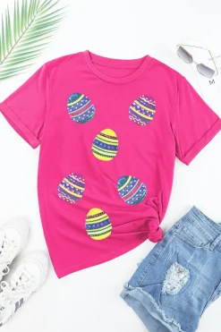 Online Dear-Lover Sequin Easter Egg Graphic Casual T Shirt Rose Red