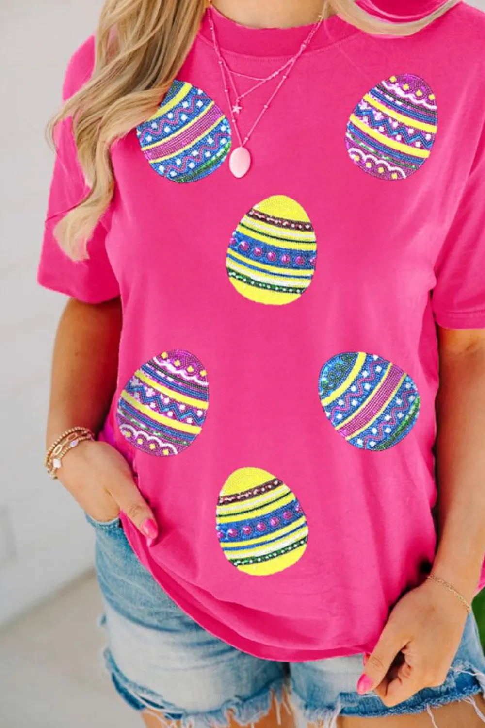 Online Dear-Lover Sequin Easter Egg Graphic Casual T Shirt Rose Red