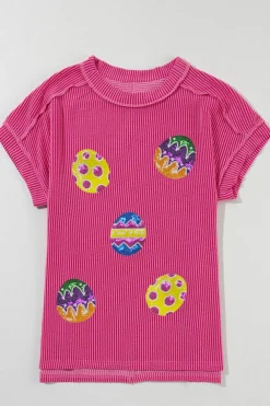 Best Dear-Lover Sequin Easter Egg Patched Graphic Crewneck Ribbed Tee Rose Red