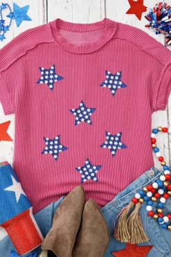 Fashion Dear-Lover Sequin Star Graphic Corded Side Split Patriotic T Shirt Rose Red